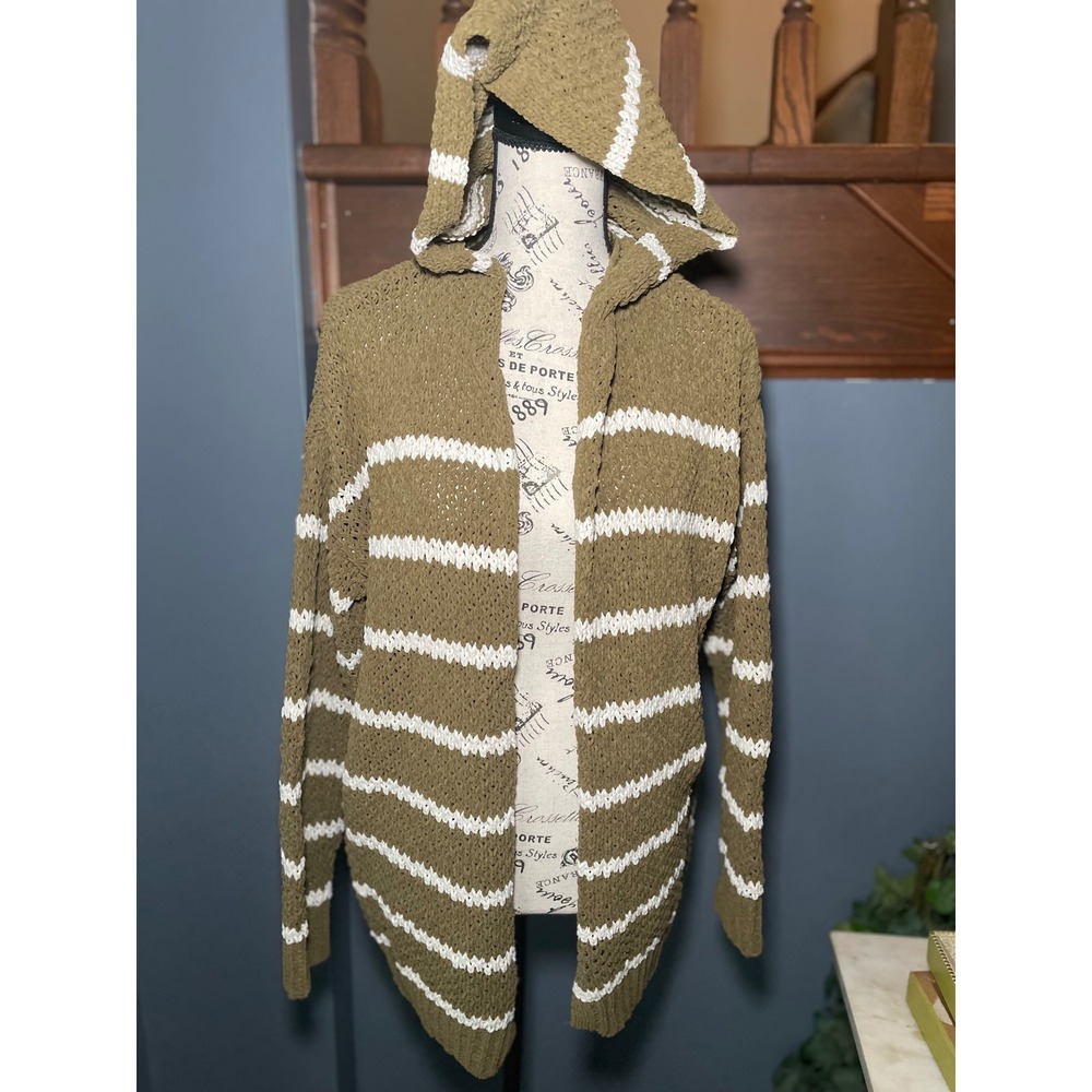 Rewind Olive Green White Striped Hooded Open Front Cardigan Sweater Large
